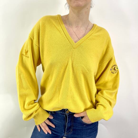 90s LYLE & SCOTT Yellow V-Neck 100% Wool Scottish Oversized Sweater - Picture 14 of 14